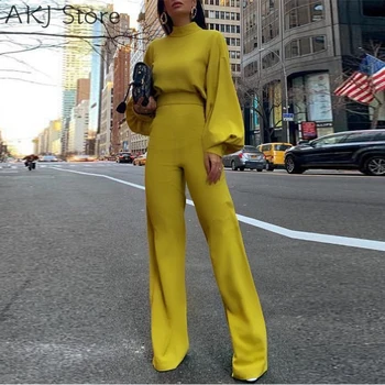 Женские Элегантные модные приталенные желтые повседневные комбинезоны с широкими штанинами, Офисный вид, рабочие комбинезоны с рукавом-фонариком и имитацией шеи