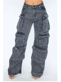 Однотонные Свободные джинсы с множеством карманов, женские Широкие брюки в стиле Хай-стрит, ретро, хип-хоп, Повседневные прямые джинсы с высокой талией, женские