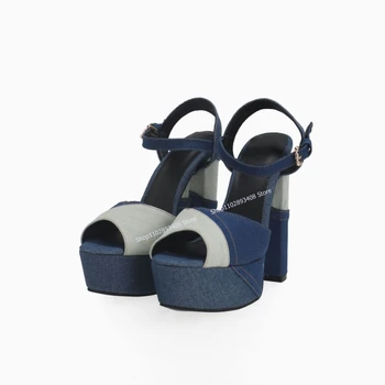 Синие Босоножки на платформе с квадратным носком, разноцветные летние женские Пикантные вечерние туфли на высоком массивном каблуке, Zapatillas Mujer